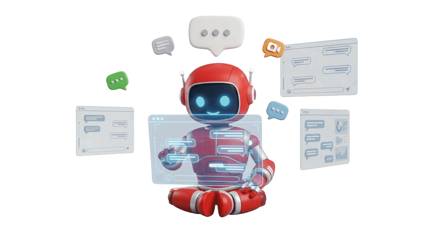 Maskot robot AI ChatHub dikelilingi jendela obrolan dari berbagai kanal
